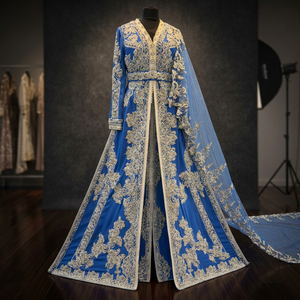 Blue Embroidered Georgette Ball Gown <b>Wedding</b> Dress With V-Neck Long Sleeve Hand Embroidery Full Length Women Dress - Product Image 1