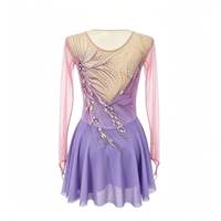 Robe de patinage artistique rose et violette en maille à manches longues avec strass et découpe au dos pour enfants et adultes, idéale pour les compétitions et les spectacles