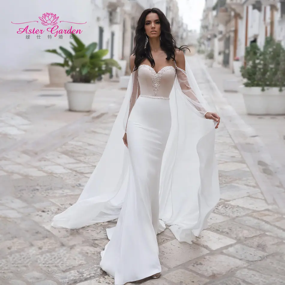 Aster garden Mermaid Wedding Dress 2021 Romantic Backless Puff Sleeve Crystal Sweetheart Chiffon Bridal Gown Vestido De Noiva