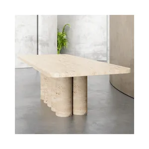 SHIHUI Customized Nordic Natural Stone Living Room Furniture 6 Small Round Plinth Set Beige Travertine Marble Coffee Table