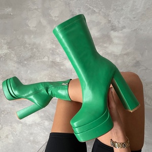 Green Double Platform Short <b>Boots</b> Solid Leather Side Zip Great Quality Ankle <b>Boots</b> Thick Heel Shoes Large Size 45 - Product Image 1