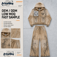 Ensemble veste zippée à capuche beige et pantalon ample à jambes larges pour homme, avec détails de patchwork, style streetwear, OEM ODM