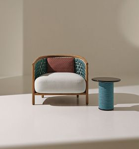 Set divano modulare <span class=keywords><strong>da</strong></span> esterno in teak con poltrona in corda intrecciata, lettino prendisole in teak <span class=keywords><strong>da</strong></span> esterno con tavolino in metallo. - Product Image 5