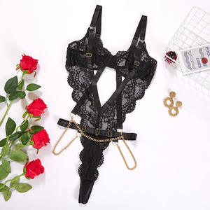 Black Hollow Out Lace Mesh Bodysuit Frauen Sexy Dessous Set - Product Image 4
