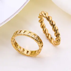 Anillos de cadena cubanos finos de acero inoxidable, chapado en oro de 18K, nueva tendencia