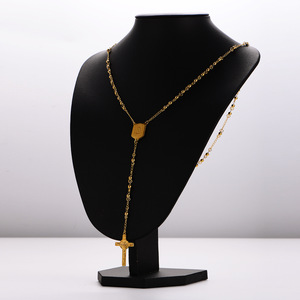 Collier de chapelet Jésus <span class=keywords><strong>en</strong></span> acier inoxydable plaqué <span class=keywords><strong>or</strong></span> 18 carats avec perles rondes <span class=keywords><strong>et</strong></span> perles pour hommes <span class=keywords><strong>et</strong></span> femmes chaîne de chandail - Product Image 4
