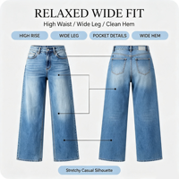 Jean taille haute ample à jambe large pour femme, pantalon en denim extensible coupe baggy, devant plat, vente en gros usine