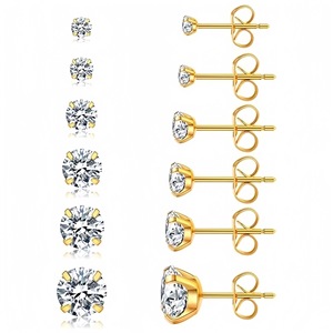 <b>Titanium</b> Steel Zircon <b>Stud</b> Earrings Gold Plated Prong Setting 0.8x11mm Various Sizes Fashion Piercing Jewelry - Product Image 1