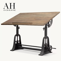 Bureau de dessin industriel élégant et réglable en bois avec base en fonte, mécanisme d'inclinaison et volant pour bureau à domicile, studio, personnalisation OEM