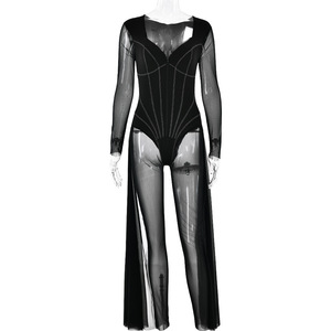 Body de Mujer Transparente de Manga Larga con Cuello en V, Body de Malla Elástica de Grosor Medio, Tejido de Poliéster con Microelasticidad - Product Image 5