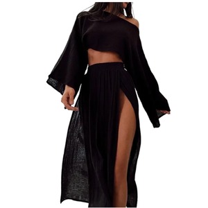 Casual Vacation Short Top High Waist Slit Cotton <b>Linen</b> Skirt Women's 2 Piece <b>Set</b> Fashion - Product Image 2