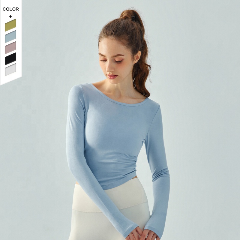 Custom Yoga Wear Solid Color Slim Fit Sports Top Cross Back Breathable Quick Dry Fitness Long Sleeve Shirts