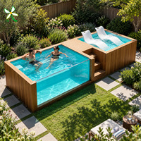 Piscine hors sol rectangulaire de luxe en fibre de verre avec jacuzzi et spa, idéale pour les resorts et jardins, dotée d'un pont de vision en verre.