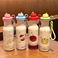 Botella de Agua Aislada al Vacío con Tapa en Forma de Manzana de 500 ml, Vaso de Acero Inoxidable con Estampado de Dibujos Animados, Termo Portátil con Cordón