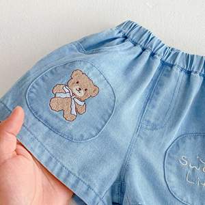 Ensemble bébé en denim avec <span class=keywords><strong>petit</strong></span> ours brodé pour filles, t-shirt imprimé tendance pour garçons et filles, <span class=keywords><strong>gilet</strong></span> rayé en coton pour enfants, été - Product Image 6