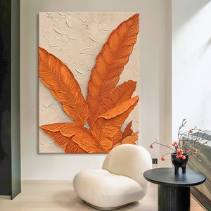 Hand Painted Oil Painting Orange Leaves Art <b>Canvas</b> <b>Wall</b> Decor For Living Room Entryway Modern Minimalist Style Rectangle Beige - Product Image 2