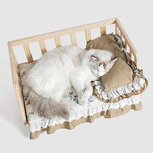 Wooden Pet <b>Bed</b> Rectangle Natural Wood Color With Fence <b>For</b> Dog Floor Use - Product Image 2