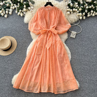 Robe longue décontractée pour femme, élégante, jaune, à fleurs brodées, coupe trapèze, col montant, manches bouffantes, ceinturée, pour le quotidien