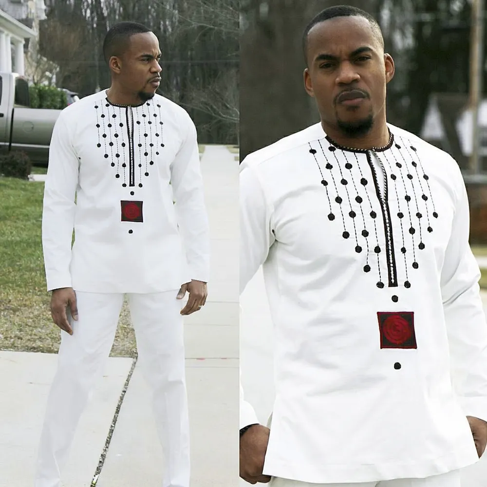 H & D 고품질 아프리카 남자 옷 짧은 소매 아프리카 남자 드레스 자수 두 조각