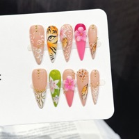 Kuku Akrilik Tempel 3D Motif Bunga Pink Wild Tiger Eye Bentuk Persegi Panjang dengan Manik-Manik Emas, Dapat Disesuaikan untuk Salon Kuku, Spa & Pemasok Kuku