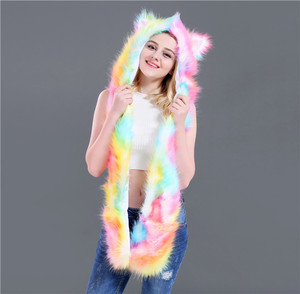 Sweat à capuche en fausse fourrure d'animal, couleur arc-en-ciel, chaud, <span class=keywords><strong>avec</strong></span> <span class=keywords><strong>gants</strong></span>, écharpes - Product Image 2