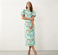 Nouvelle Robe Midi Florale Femme 2026 Bleu Clair Manches Courtes Col Rond Taille Haute Élégante Robe de Soirée Coupe Ajustée Décontractée pour Dames