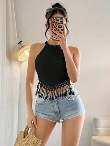 Top Corto Elegante con <span class=keywords><strong>Flecos</strong></span> para <span class=keywords><strong>Mujer</strong></span>, Primavera-Verano, Corte Ajustado, Disimula el Abdomen, <span class=keywords><strong>Chaleco</strong></span> sin Mangas, Top Básico Informal - Product Image 6