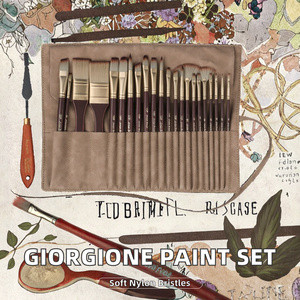 Giorgione – Ensemble de 24 pinceaux à poils en nylon avec manche en bois, pour peinture artistique, acrylique et aquarelle, avec couteau à argile offert et sac en cuir – Modèle - Product Image 2