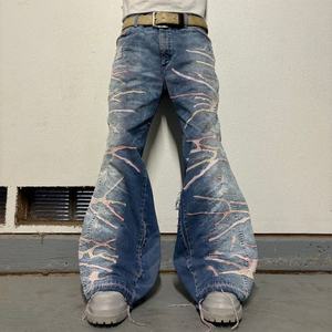 Jeans en denim blanc rétro 2025, pantalon cargo à taille haute, effet délavé, avec empiècements, logo personnalisé brodé, style hip-hop, rivets - Product Image 3