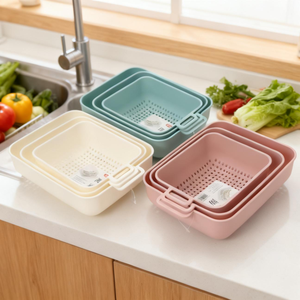 Conjunto de 3 Peças de Escorredor de Plástico Reutilizável e Ecológico para Colocar e Lavar Frutas e Vegetais, Utensílios de Cozinha - Product Image 3