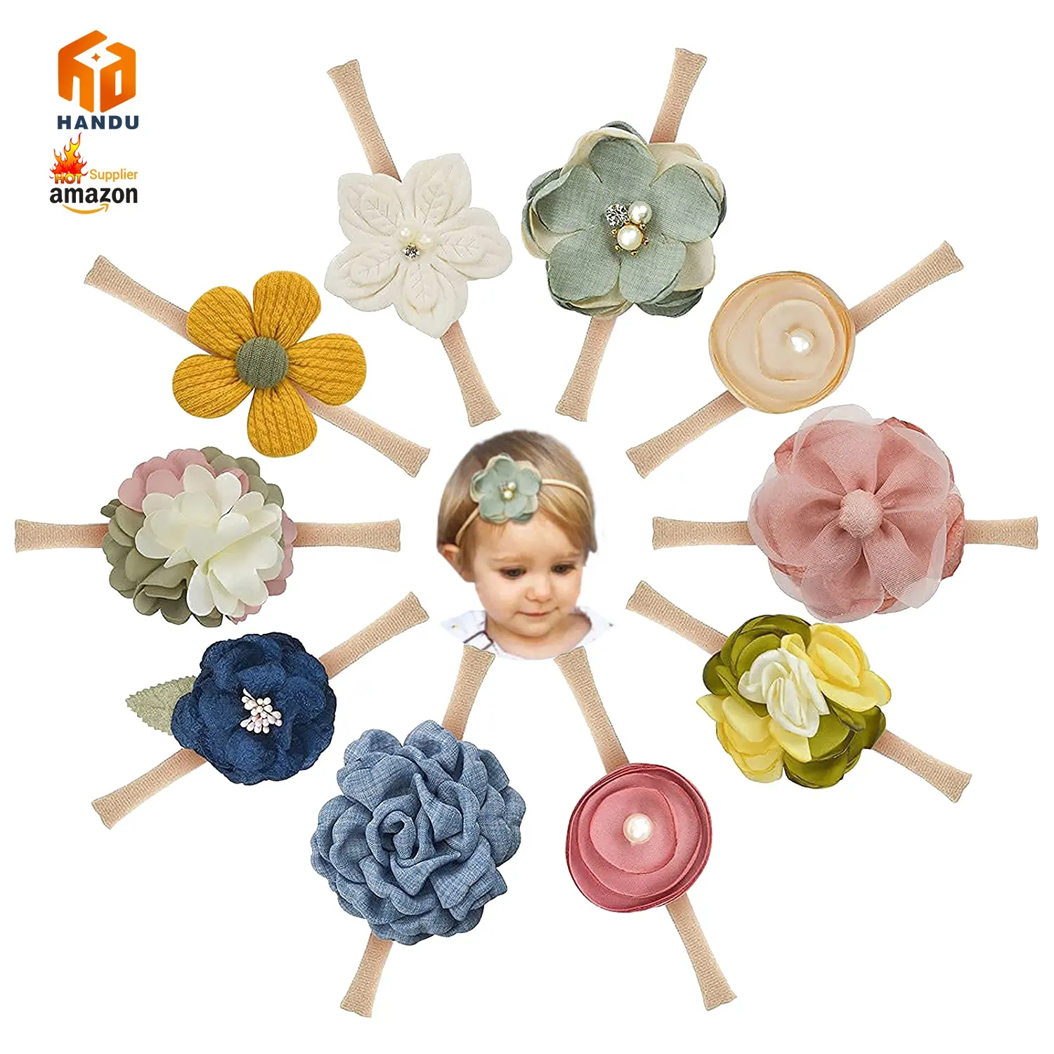 10Pcs Soft Newborn Infant Floral Baby Girl Headbands Bows Flowers Hair Accessories Headband Nylon Stretch