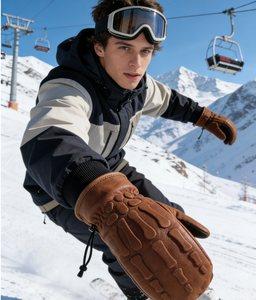 <span class=keywords><strong>Gants</strong></span> de ski d'hiver en daim marron, doigts séparés, imperméables, isolés, coupe-vent, chauds, poignets côtelés, cordon de serrage, unisexe pour le ski - Product Image 3