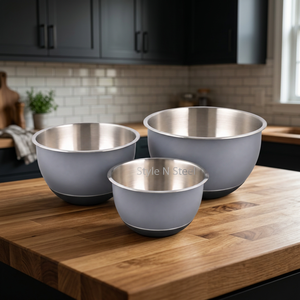Mixing <b>Bowl</b> Set Stainless Steel Body Black <b>Silicone</b> Bottom Polished <b>Bowls</b> for Home Kitchen - Product Image 1