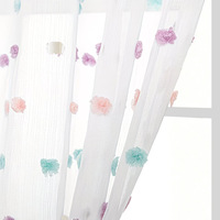 Cortina de ventana de tul de poliéster jacquard transparente con pompones de colores, con bolsillo para barra, filtro de luz, para decoración de habitación infantil