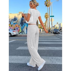 FOXA Women's 2 Piece <b>Lounge</b> Set Short Sleeve Top Wide Leg Pants With Pockets Breathable Cotton Knitted Summer Outfit - Product Image 4