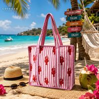 Tas Tote Cotsiler Bohemian Katun Berlapis Besar Motif Lobster Bergaris Musim Gugur Musim Dingin Musim Panas Pantai Bahu Ringan Terbuka