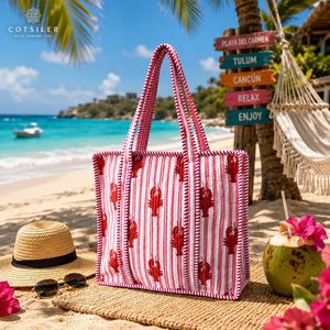 Sac fourre-tout matelassé en coton Cotsiler style bohème, grand sac à bandoulière rayé imprimé homard, léger, pour la plage et les voyages - Product Image 3