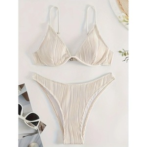 Bikini de Color Sólido Estilo Europeo y Americano 2024, Traje de Baño de Dos Piezas con Tirantes de Textura Irregular Estilo Francés para Mujer - Product Image 3