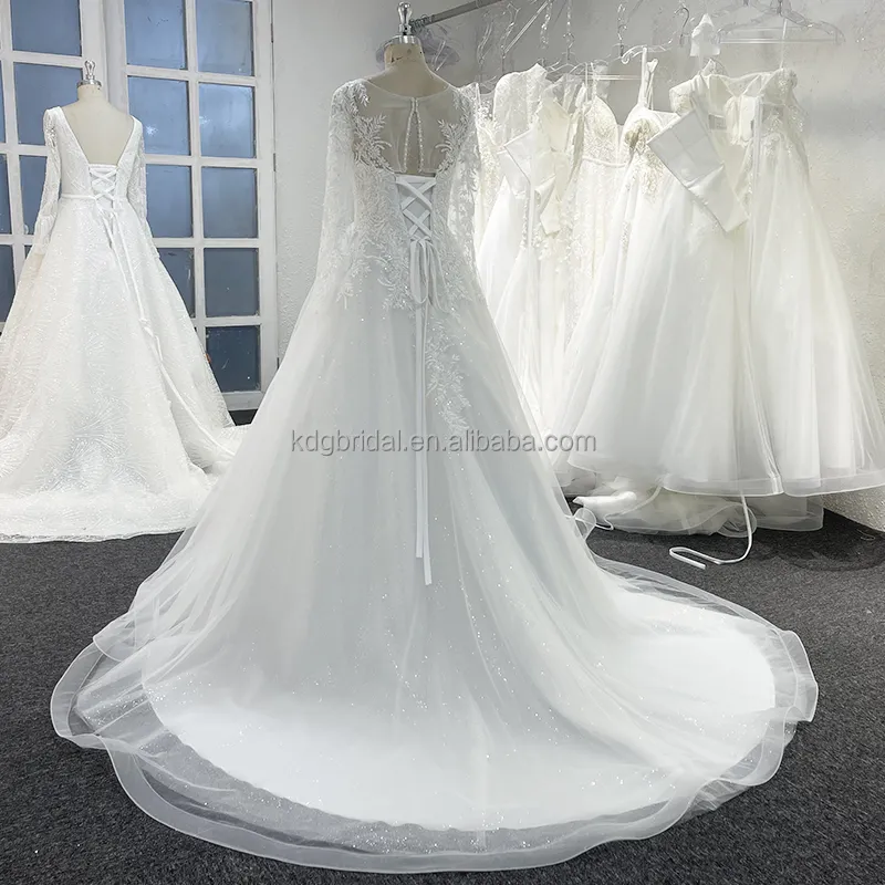 Kdg ren lên dài tay áo ren Sequins cô dâu maxi cô dâu sang trọng 2023 Thiết kế váy cô dâu appliques A-line Wedding Dresses gowns