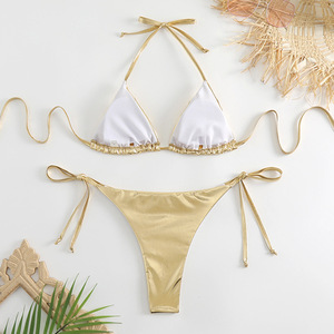 Bikini Metallizzato Lucido <span class=keywords><strong>da</strong></span> <span class=keywords><strong>Donna</strong></span>, Costume <span class=keywords><strong>da</strong></span> Bagno Sexy Slim con <span class=keywords><strong>Perizoma</strong></span>, Moda Estiva, Push-up, Set Due Pezzi Personalizzato - Product Image 4