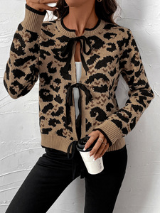 Suéter de Punto con Estampado de Leopardo y Lazo, al por Mayor, Nuevo, Cárdigan de Manga Larga con Cuello Redondo para Otoño e Invierno - Product Image 2