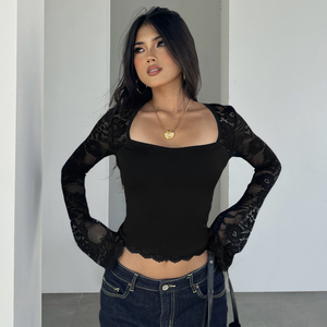 Soldes d'été : T-shirt femme à manches longues, col U sexy, coupe ajustée, en dentelle respirante - Product Image 5