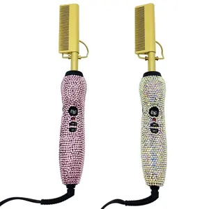 Dụng Cụ Làm Tóc Kim Cương Lược Duỗi Thẳng Pha Lê Lược Điện LCD Rhinestone Bling