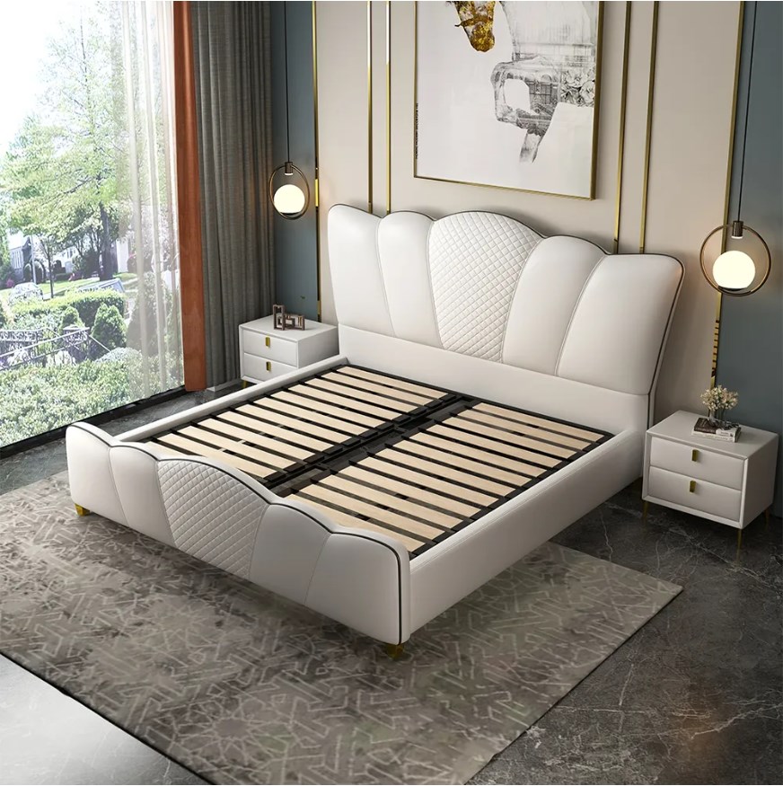 Milky curved headboard cal King bed white microfiber leather platform bed