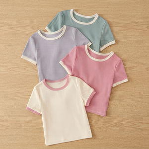 T-shirt côtelé à manches courtes 100 % coton écologique pour filles, col rond, couleur unie, tricoté, décontracté, été 2027 – Vente en gros - Product Image 1