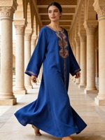 Kaftan Abaya Jalabiya Musulman Brodé en Polyester Respirant, Robe Longue Maxi Élégante Ethnique du Moyen-Orient, Modeste et Islamique