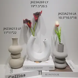 Jarrón de cerámica blanco para decoración del hogar moderno, jarrones redondos de flores de Pampa mate