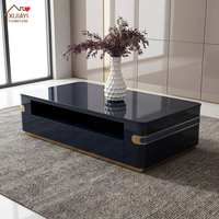 Meja Kopi Mewah Italia Modern Warna Biru Piano Lacquer Berlapis Cermin Rangka Kayu Penyimpanan 4 Laci Inlay Logam Perabot Ruang Tamu