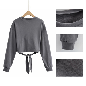 Winter Crew Neck Drop Shoulder Dark Gray Wholesale Blank Custom Logo Cross <strong>String</strong> Tie <strong>Top</strong> Women Pullover Crop Sweatshirt&amp;Hoodies - Product Image 6