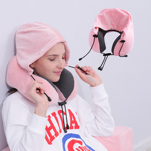 Memory Foam Hooded U-Shaped <b>Pillow</b> Pink Gray Blue 28x26x14cm <b>Neck</b> Support Travel Office Nap <b>Pillow</b> - Product Image 1